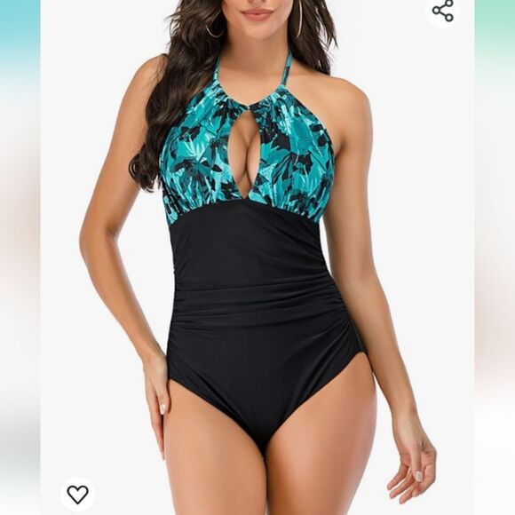 Black/Blue Tropical Print Halter Top Tummy Control Swimsuit Size Large NWOT - Picture 3 of 4